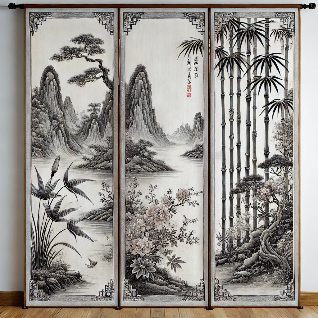 Scènes de Paysage Traditionnelles Chinoises avec Bambous et Fleurs