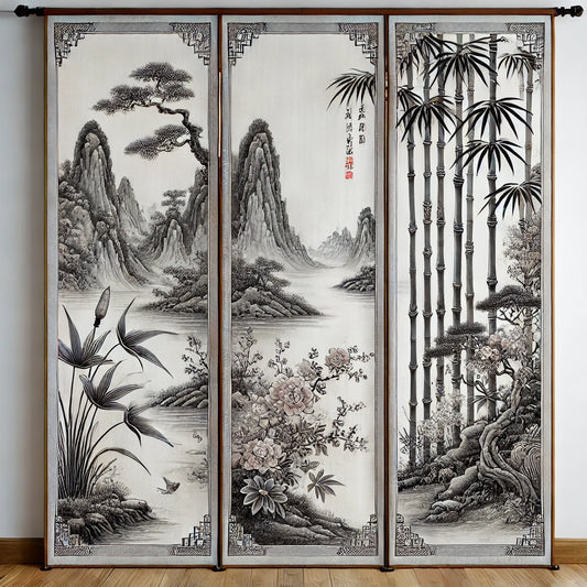Scènes de Paysage Traditionnelles Chinoises avec Bambous et Fleurs