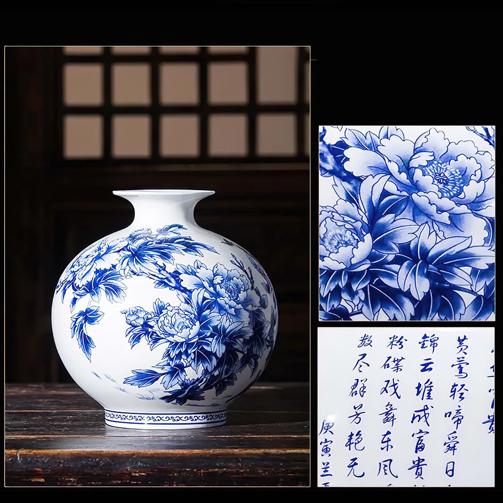 Vase Asiatique Bleu et Blanc Rond avec Motifs