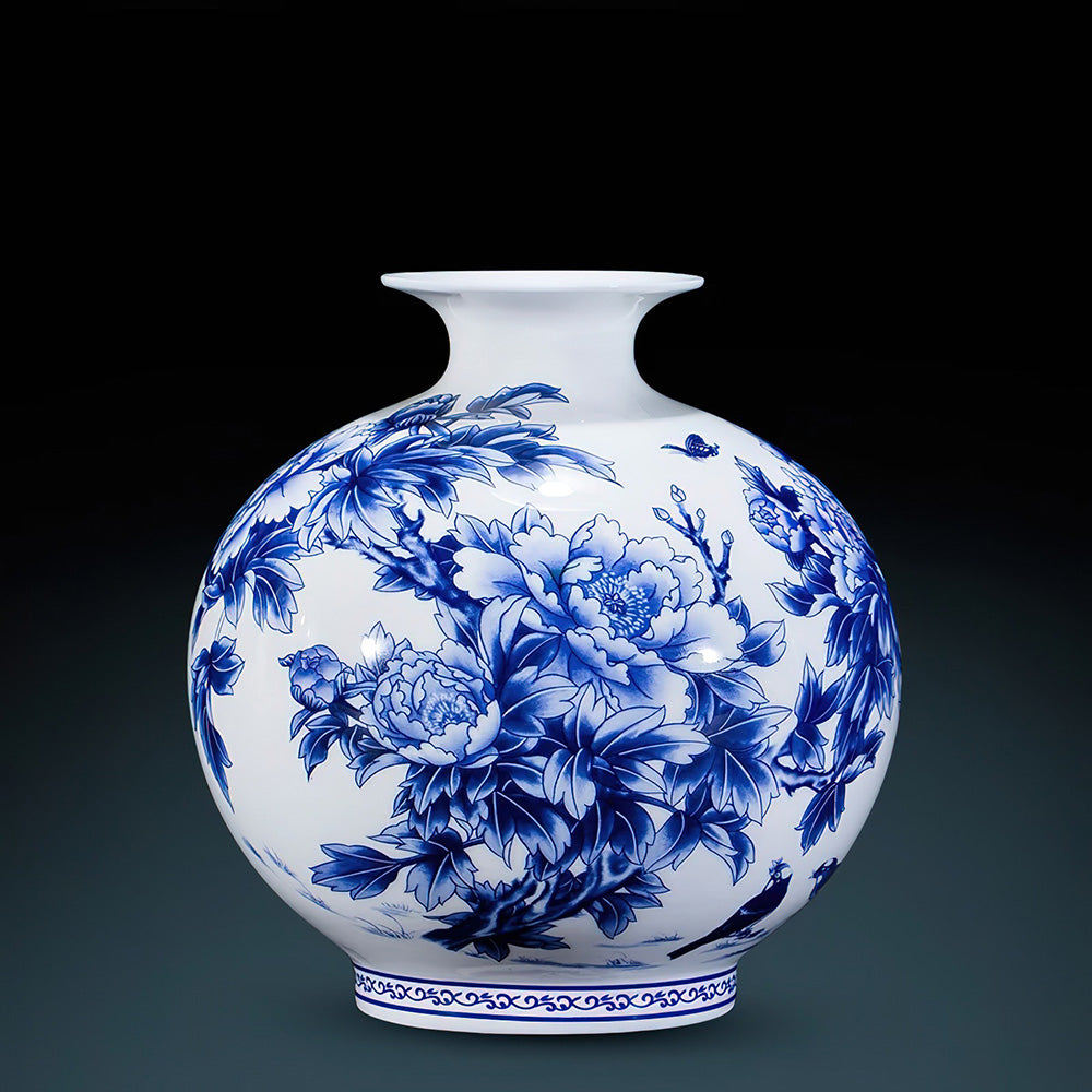 Vase Asiatique Rond Bleu et Blanc