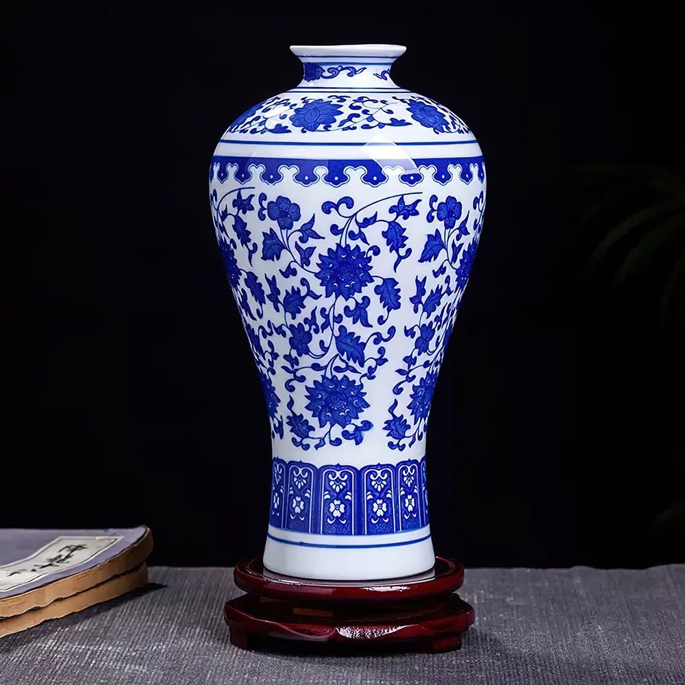 Vase Asiatique en Porcelaine Bleu et Blanche Original