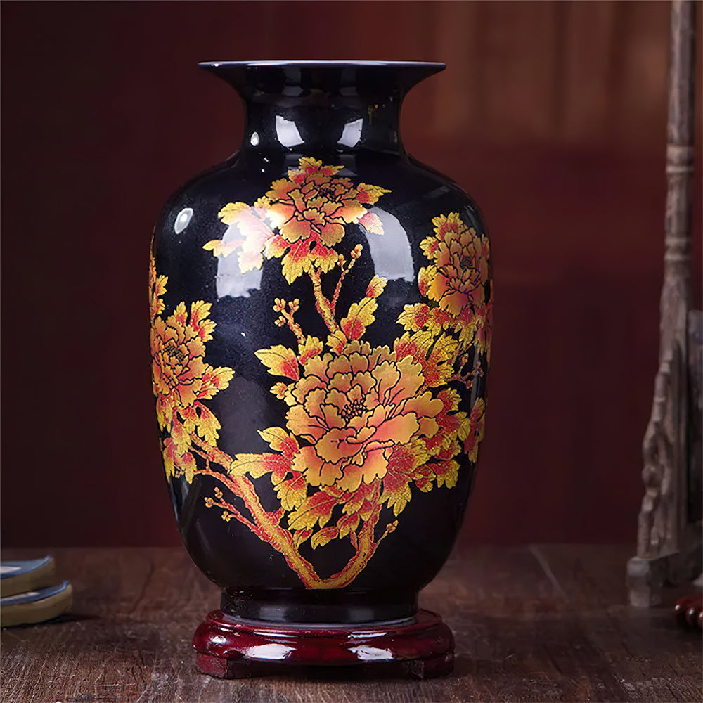 Grand Vase Asiatique Noir et Or 