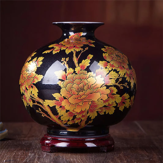 Vase Asiatique Noir et Or Rond