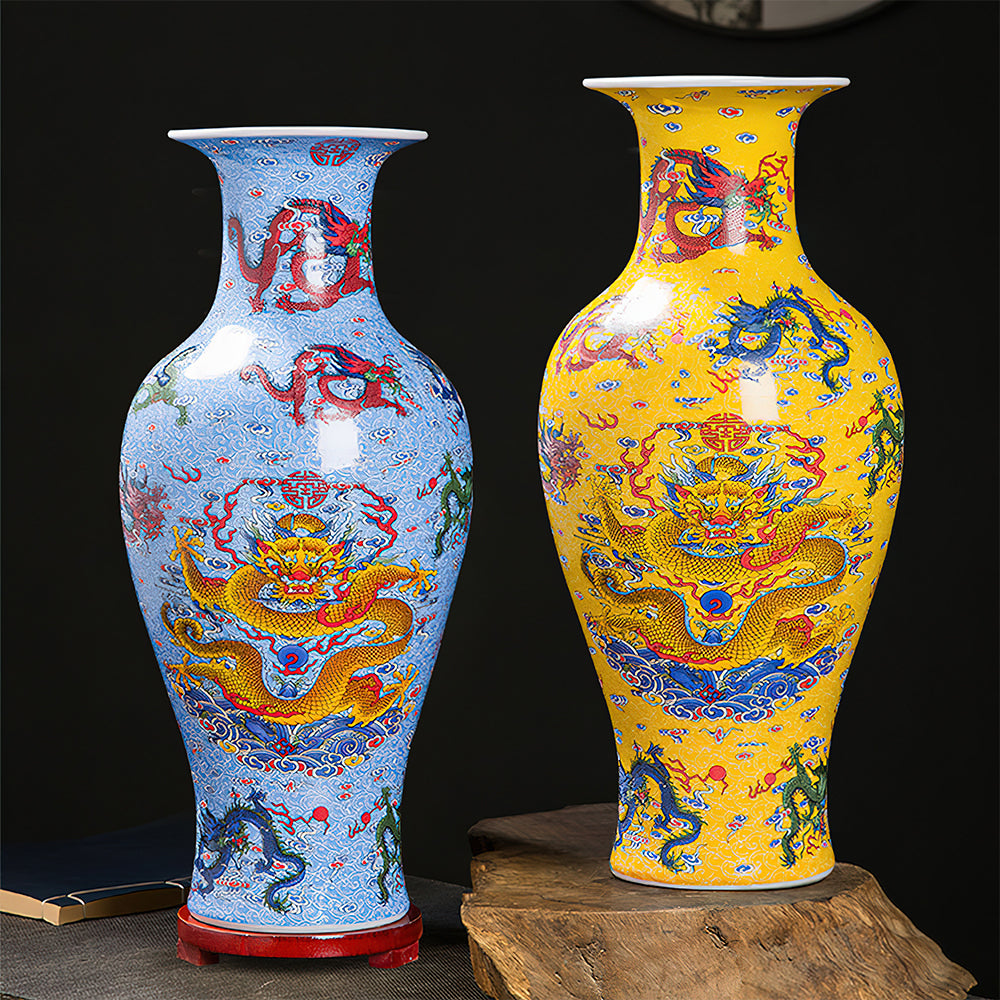 Vase Asiatique XXL Jaune Bleu